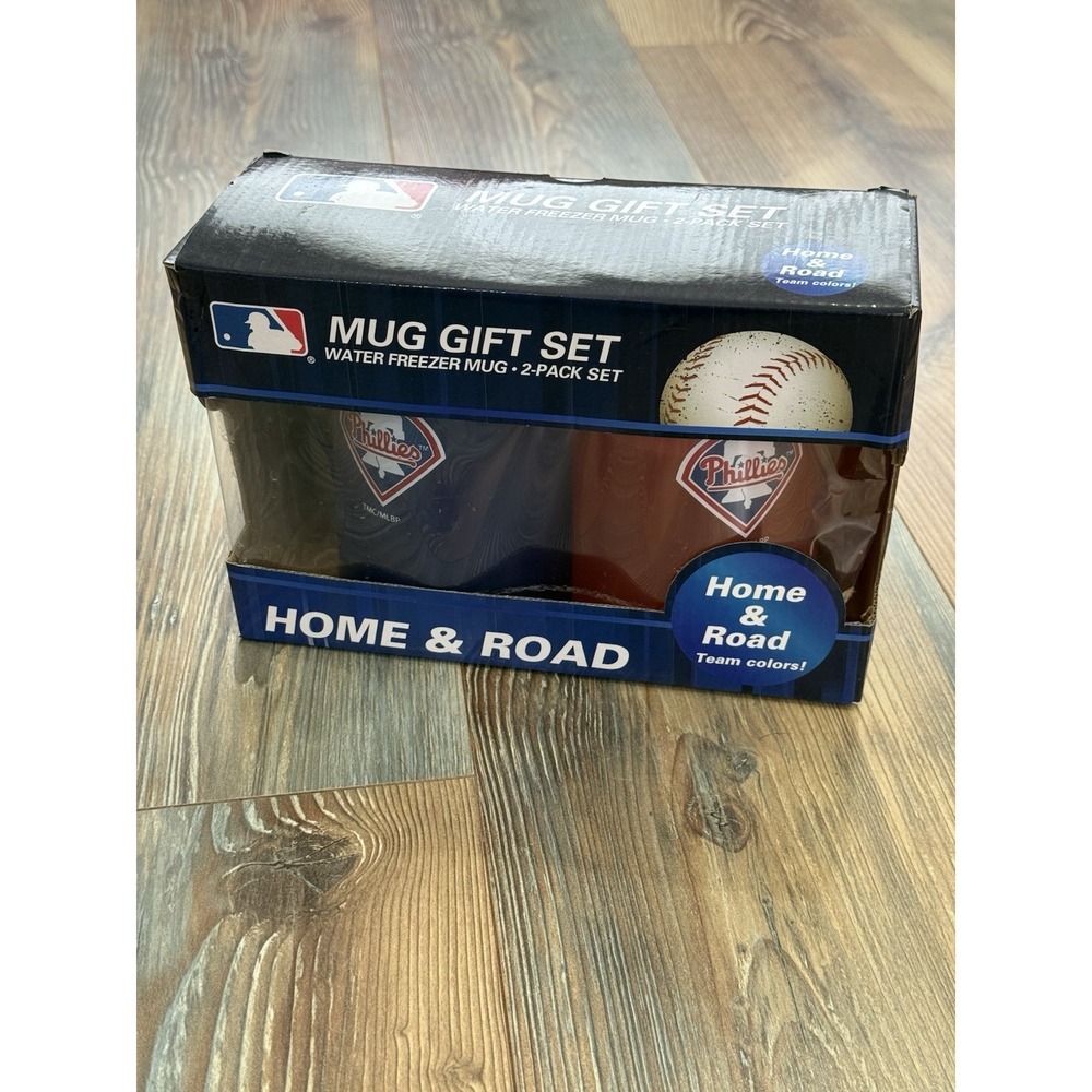 NIB PHILADELPHIA PHILLIES LOGO HOME & ROAD RED & BLUE 16oz FREEZER MUG GIFT SET